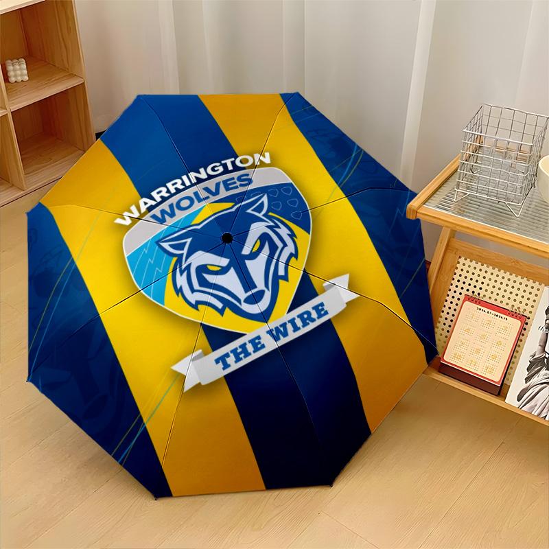 Warrington Wolves Print Auto 8?Ribs Folding Umbrella Wind Resistant Lightweight Automatic Umbrella For Daily Travel