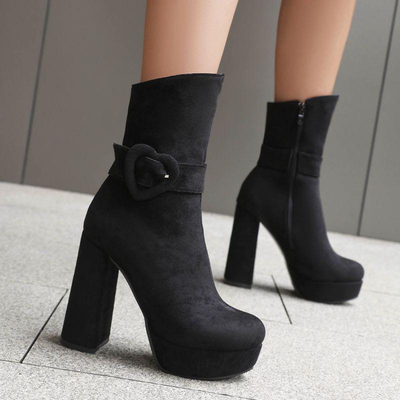 Flock Suede Women Ankle Boots Round Toe Block High Heels Platform Hill Buckle Big Size 43 44 Bota