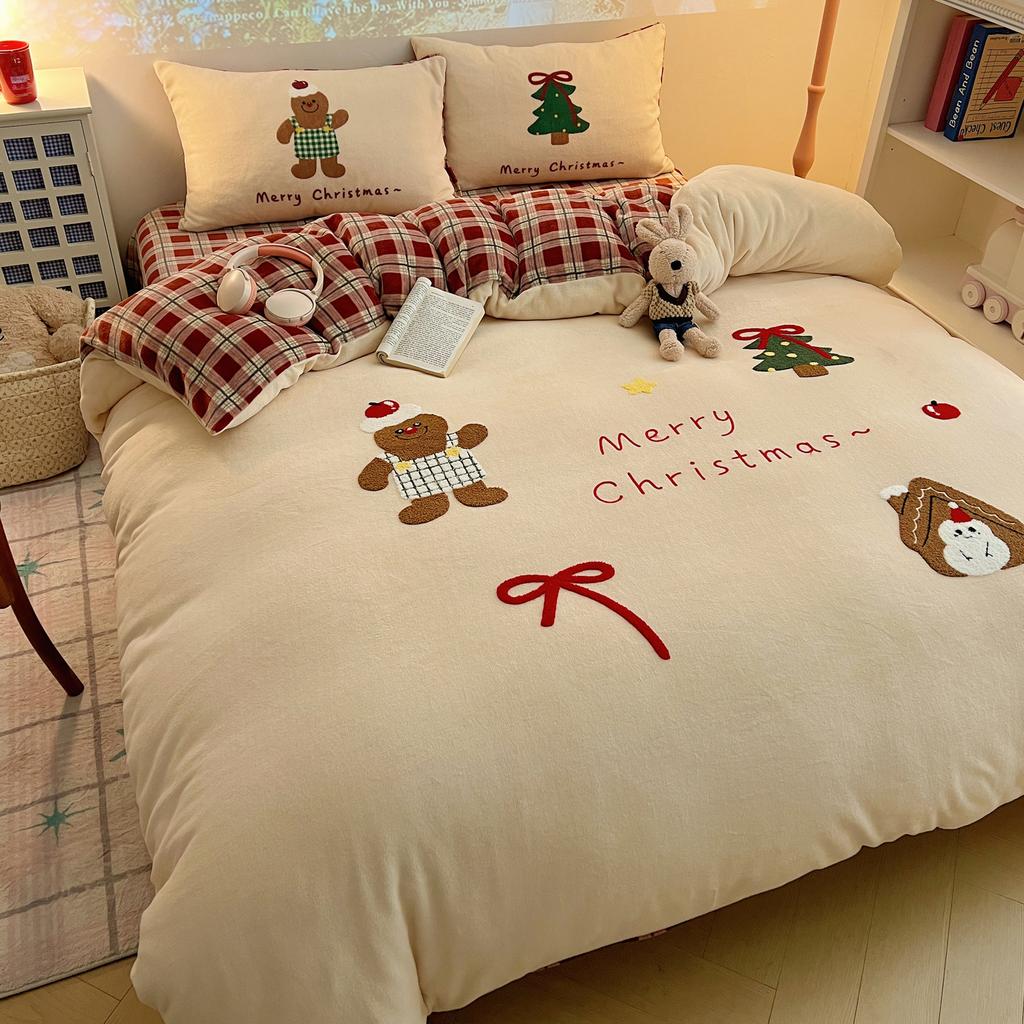 Thickened Milk Fleece Towel Embroidery Four-Piece Set 1.2M Bed Sheet Three-Piece Set, Gingerbread Small
