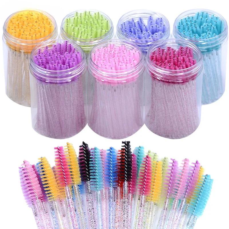 CNKESS 50Pc bags/cans Disposable Eyelash Extension Mascara Wand Glitter Micro Lash Brushes Spoolie With Container Case Wholesale