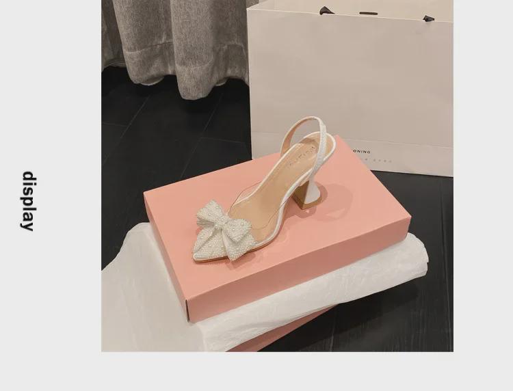 2024 Summer Women's Pearl Bow Transparent High Heel Sandals