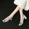 Krazing Pot Sheepskin Square Toe Med Heels Autumn Summer Shoes Metal Flowers Women Mary Janes Fashion Pumps