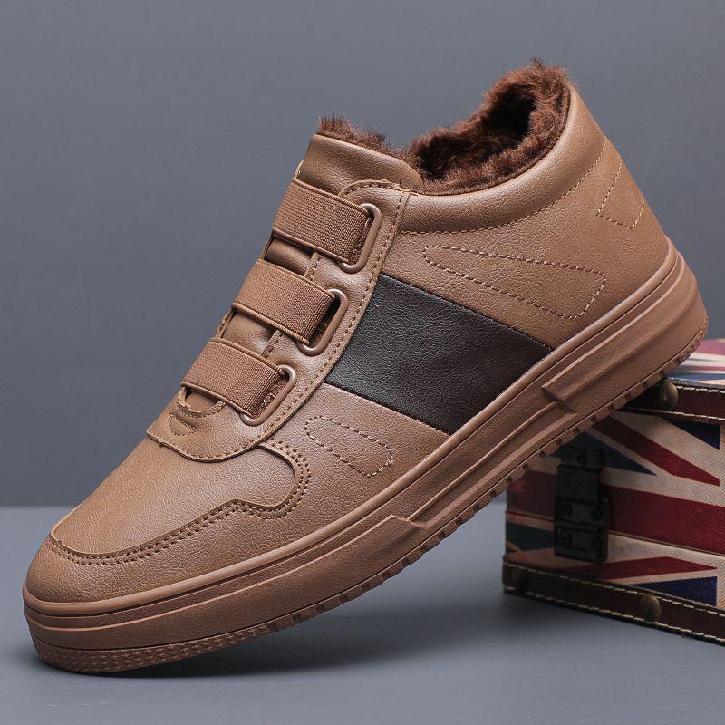 Men's Fleece-Lined Winter Slip-On Casual Leather Shoes - Korean Style, Non-Slip, Warm, Mid-Top Trendy Sneakers