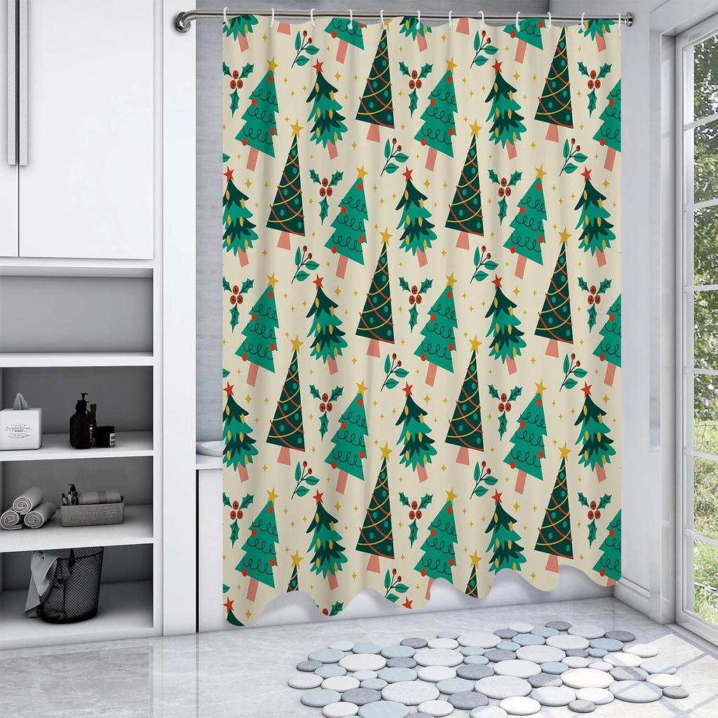 Christmas Tree Shower Curtain - Cute Green Beige Retro Xmas Design, Waterproof Polyester, Winter Holiday Bath Decor