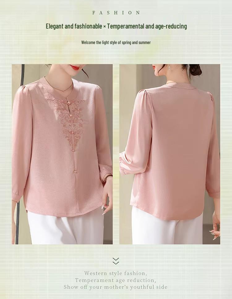 Mom's Spring Style: New 2026 Chinese-Inspired Blouse for Middle-Aged & Elderly Women - Round Neck, Thin Fabric