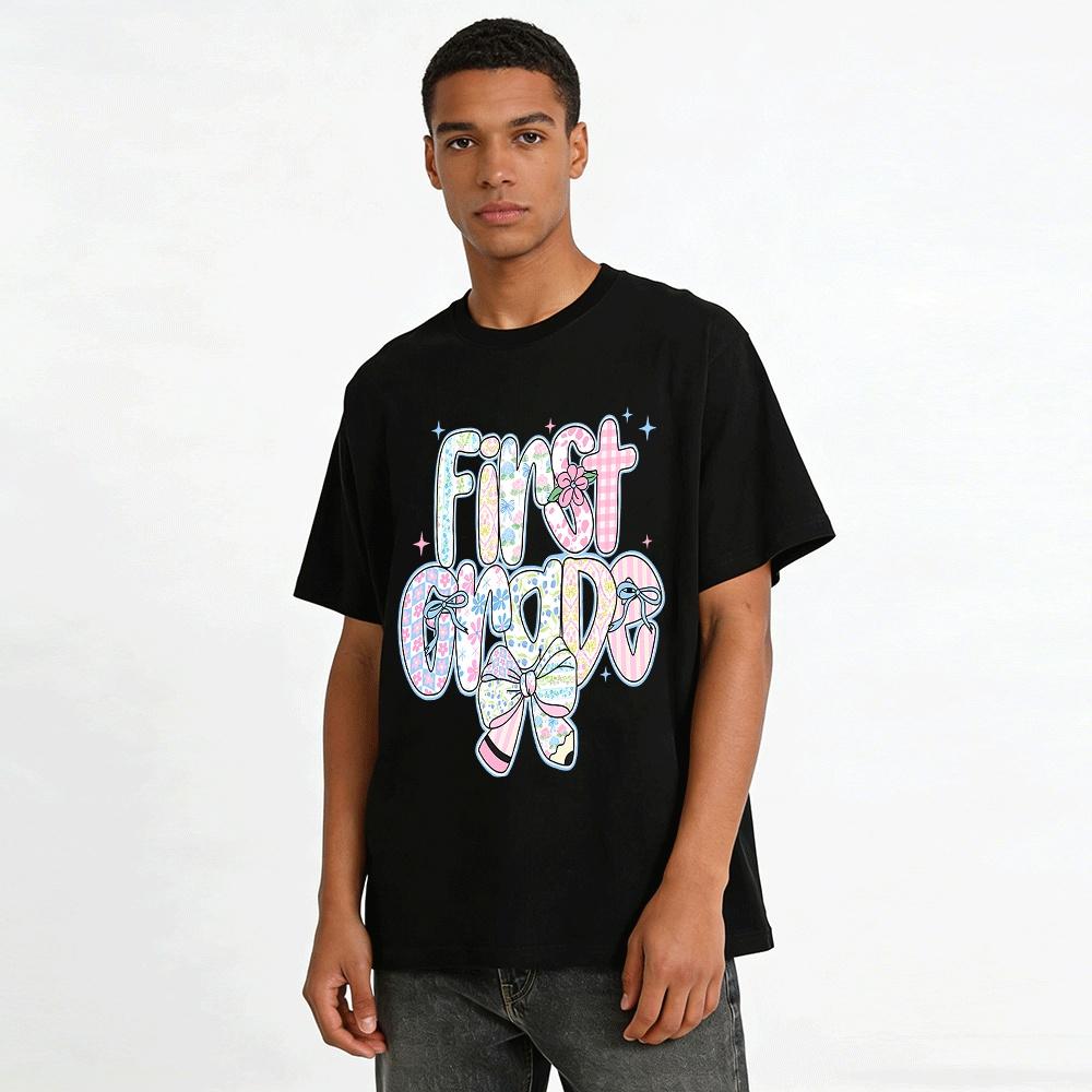 First Grade Floral Gingham Bow Print Back To School Top Pure cotton T-shirt