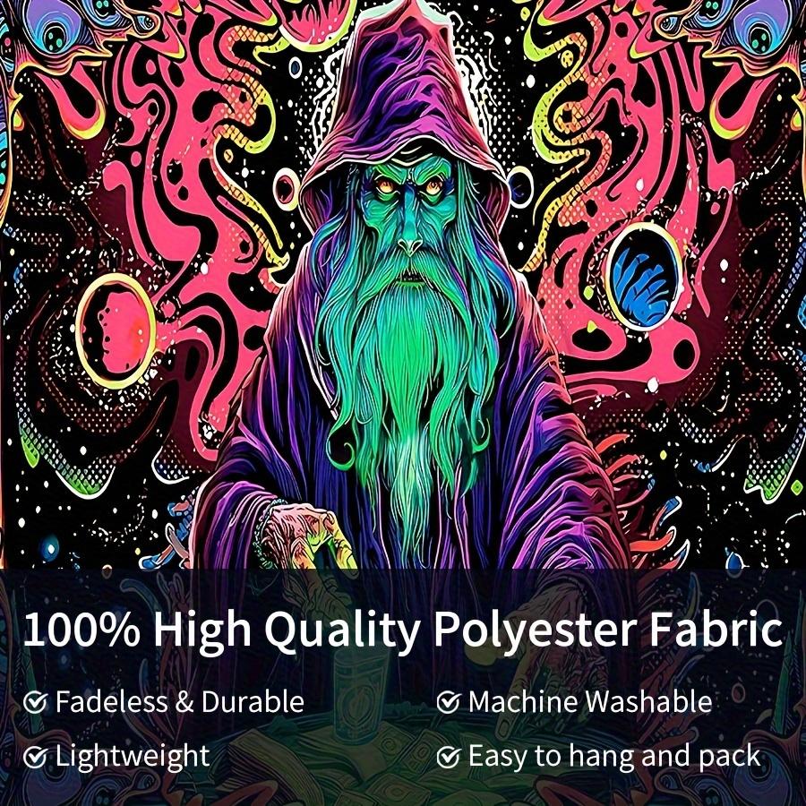 Psychedelic Wizard Tapestry: Vibrant Neon Wall Art for an Enchanting, Magical, and Unique Decor Statement Piece