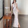Cheongsam evening dress sexy deep neck hollow low cut sleeveless backless thin temperament lady dress