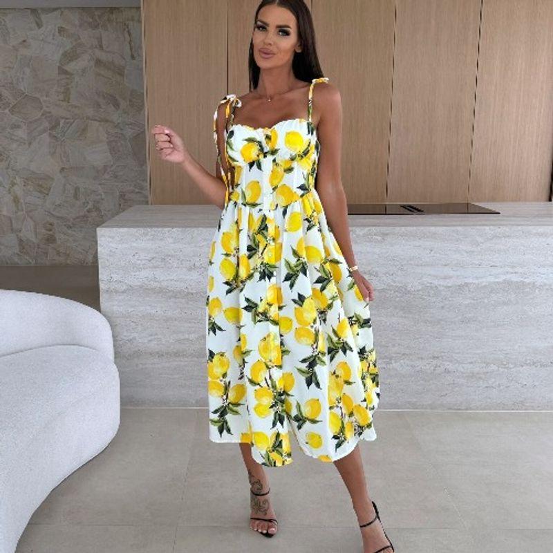 Mid-Length Sling Dress European and American Summer Tie Chest Pad Print Slim fit A Word Sleeveless Skirts Dress