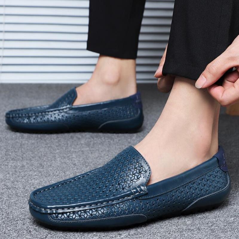 2025 Summer Men Casual Shoes Luxury Brand Genuine Leather Mens Loafers Moccasins Hollow Out Breathable Slip On Driving Shoes