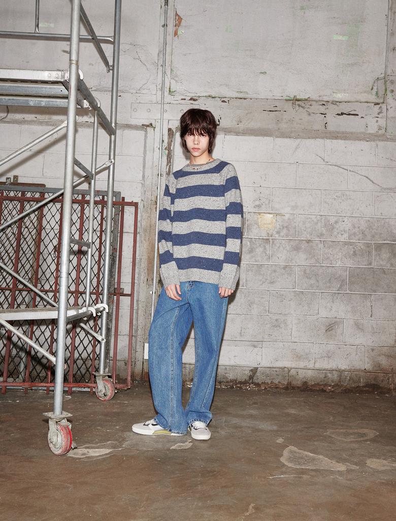 FLATWAVE IN SEOUL Noor Wool Stripe Round Knit Gray/Indigo