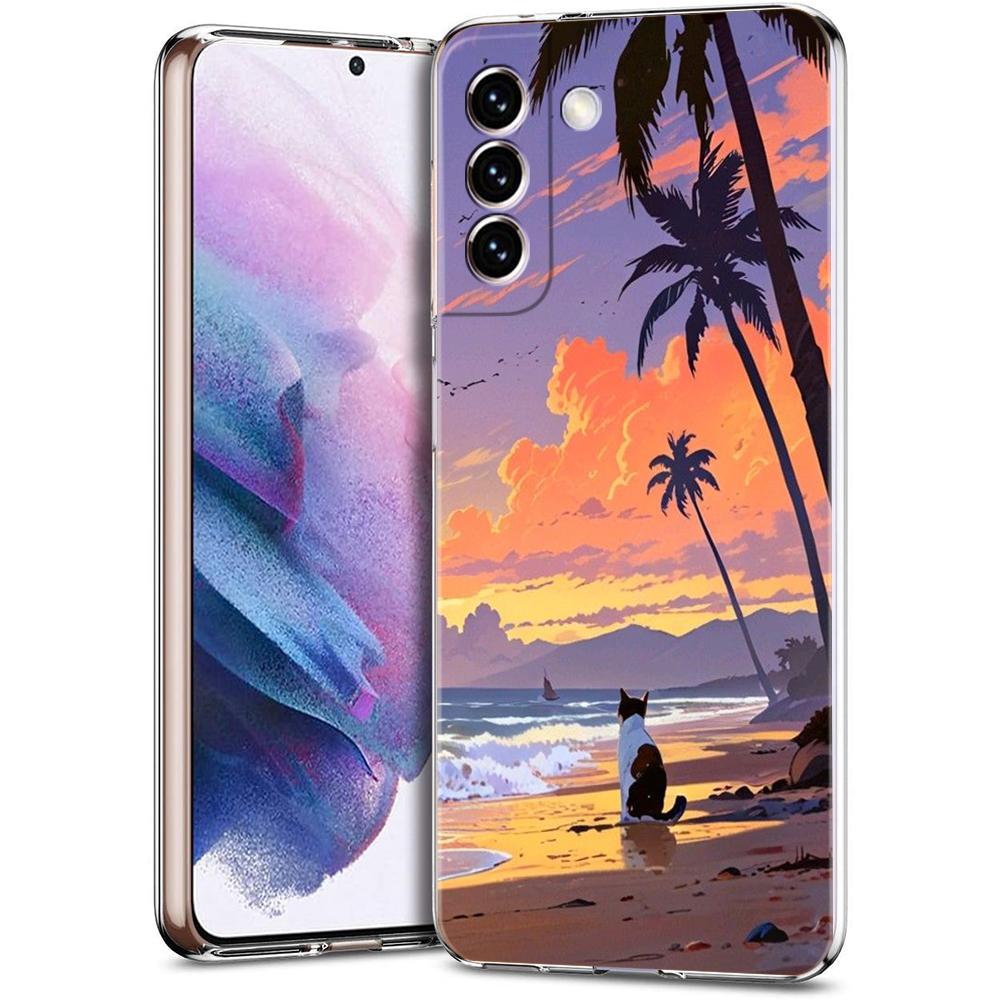 Transparent Phone Case Cover for Samsung Galaxy S25 S24 S23 S22 S20 S21 FE Ultra S24 S23 S10 S10E Plus Funny Sunset Cat Pattern