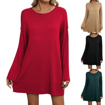 Women's Fashionable Solid Color Medium Length Knitted Sweater With Long Sleeves Round Sweater Top
