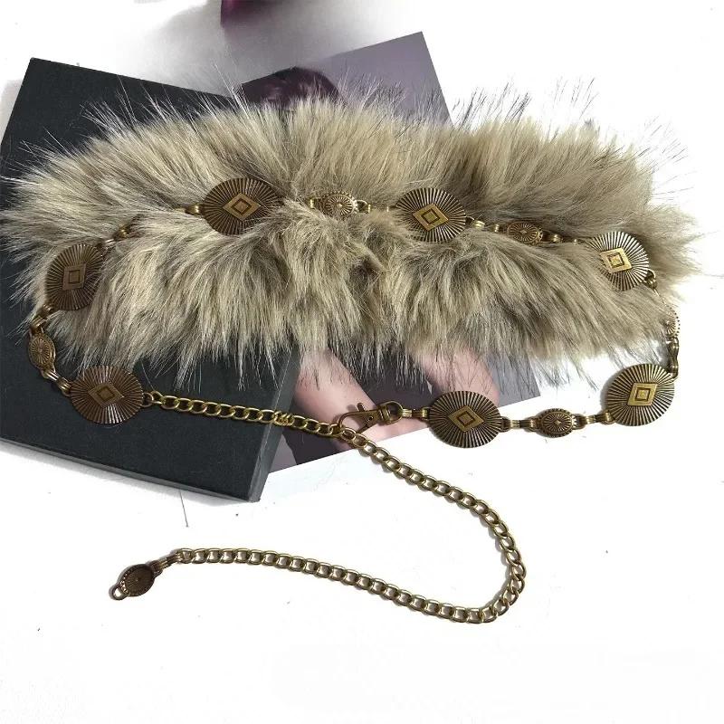 Punk PU Studded Fur Belt Y2k Vintage Faux Fur Rhinestone Patchwork Belt Metal Plush Waist Chain Furry Waistband Jeans Belts