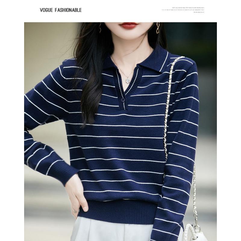 French Style Striped POLO Collar Long-sleeved Sweater for Women Lapel Sweater 2025 New Style Top