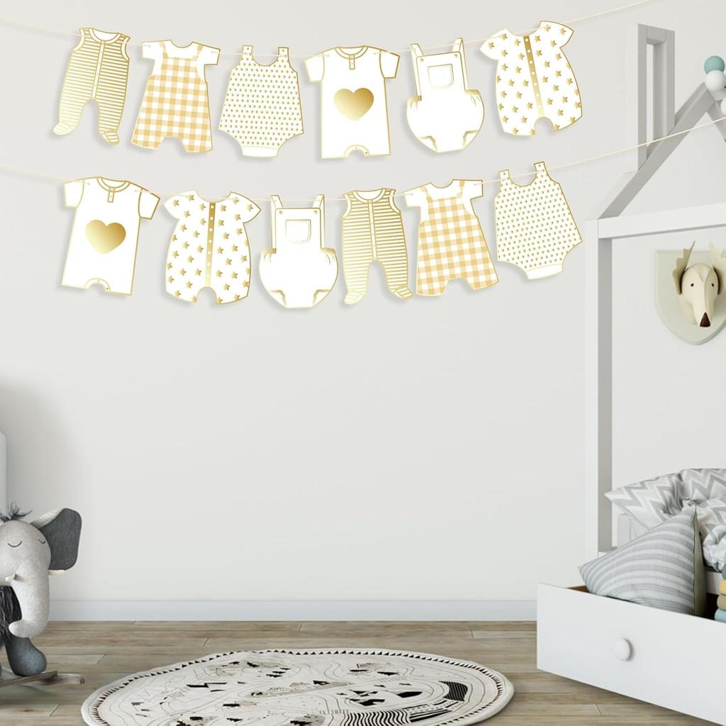 2pcs Neutral Gold Baby Shower Paper Garland, Pre-Assembled Baby Boy Banner Baby Girl Sign Gender Reveal Decorations Various Baby Clothes Banner for
