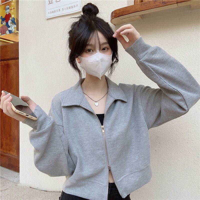 Women's Waffle Polo Collar Short Sweatshirt: Loose Fit, Double Zipper, Long Sleeve Jacket for Spring & Autumn.