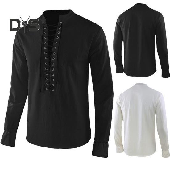 Весна Осень Мужская Рубашка На Шнуровке Воротник-стойка Длинные Рукава Однотонный Цвет — фото 4