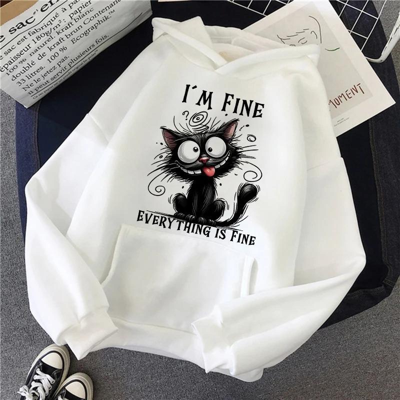 Unisex 2025 Autumn Winter Y2k Sweatshirts Casual Hooded Clothes Kawaii Pullovers I'm Fine Everything Is Fine Sarcastic Cat Printed Tops