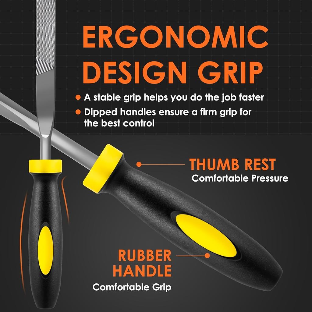 6-Piece Needle File Kit with High Temperature Quenching and Rubber Handle - Includes 6 Shapes Flat, Flat Warding, Square, Triang