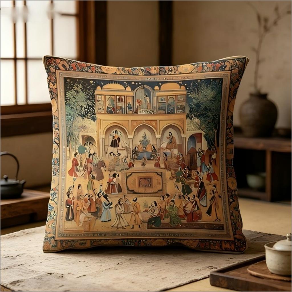 Antique Mughal Painting Print Pillow Cover Ethnic Indian Royal Court Art Decorative Cushion Case Vintage Bohemian Home Decor
