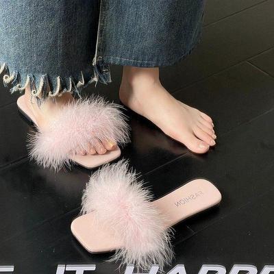 Plus Size Women's Fluffy Summer Slippers: Fairy Style, Flat One-Strap, 2025 Korean Outdoor Edition
