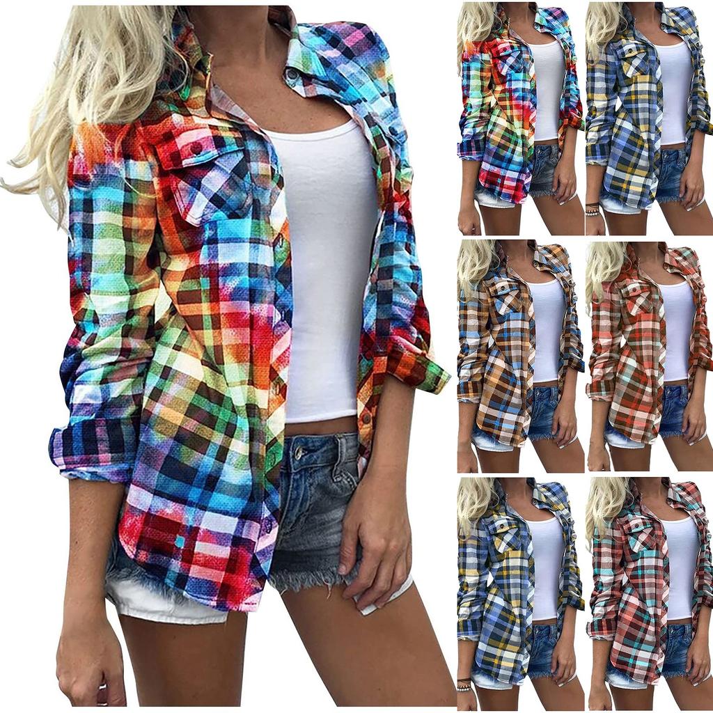Women's Fashion Casual Long Sleeve Plaid With Pocket Button Cardigan Jacket