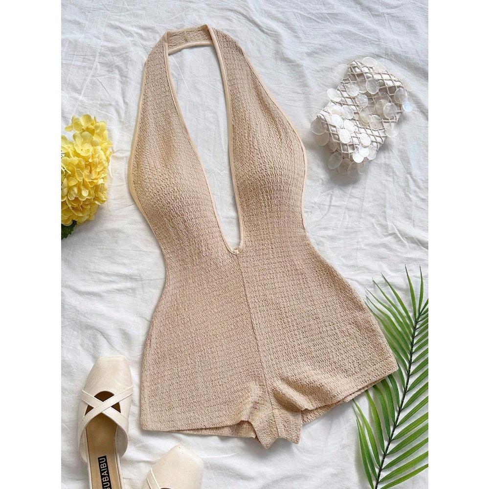Women s Halter Neck Sleeveless Romper Slim Fit High Waist Minimalist Printed Jumpsuit S