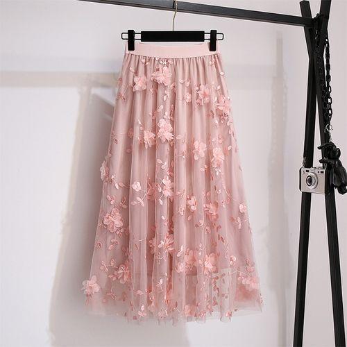 Herfst Winter Dames Hoge Taille Casual Lange Rok Kleding Mesh Kralen Mid-kuit Rokken Vrouw Lange Rokken Voor Dames