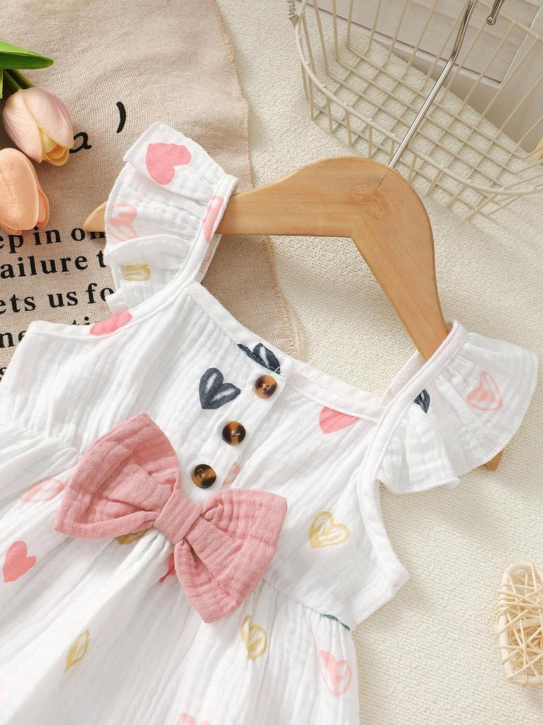 2 Stück Baby Mädchen Kleidung Outfit Herz Muster Rüschenärmel Oberteil Shorts Set Schleife Dekor für 0-18 Monate Kleinkind Süß Lässig Kleidung