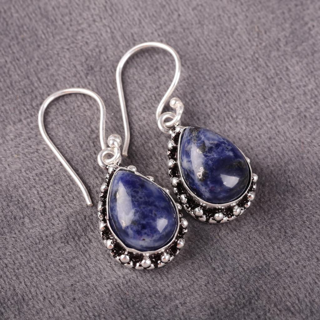 Natürlicher Sodalith Edelstein 925 Sterlingsilber Schmuck Handgefertigte Ohrringe 1,41" EE-97-32