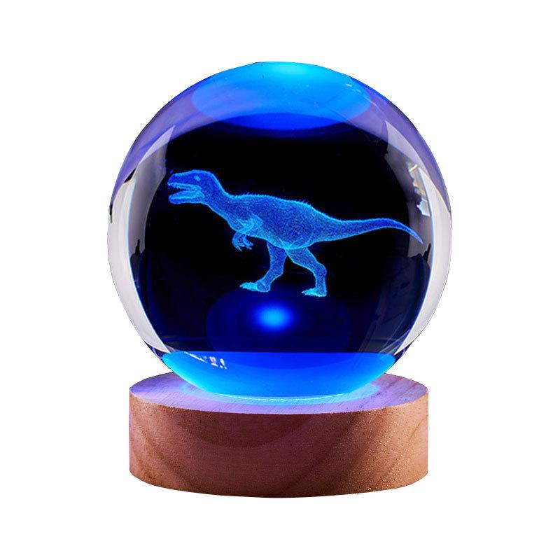 Dinosaur Cartoon 3D Crystal Ball Night Light - Luminous Glass Ornament Birthday Gift