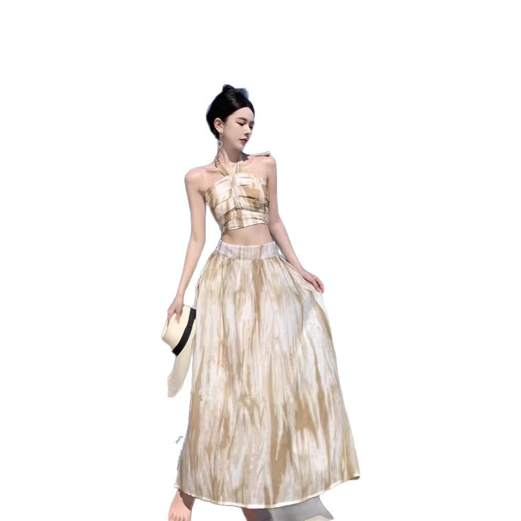 Summer high-end coffee break French seaside vacation sexy long dress ink tube top suspender fashionable two-piece set