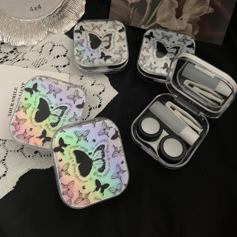 Laser Butterfly Pattern Square Lens Container Women Eye Contacts Lens Case Color Contact Lenses Storage Box Portable Travel Set