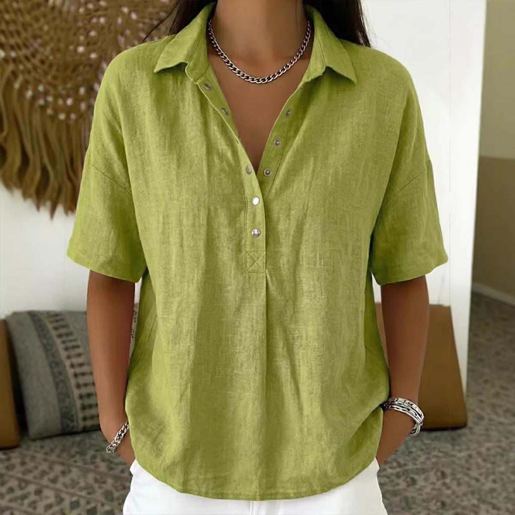 Women's Linen Blend Shirt Casual Short Sleeve Button-Down Loose Fit Blouse Tops