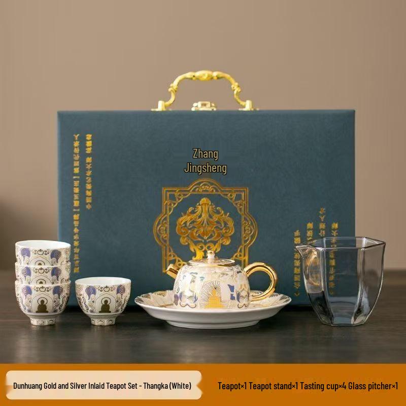 Chaxun Dunhuang Style Handcrafted Gilt Silver Ceramic Tea Set
