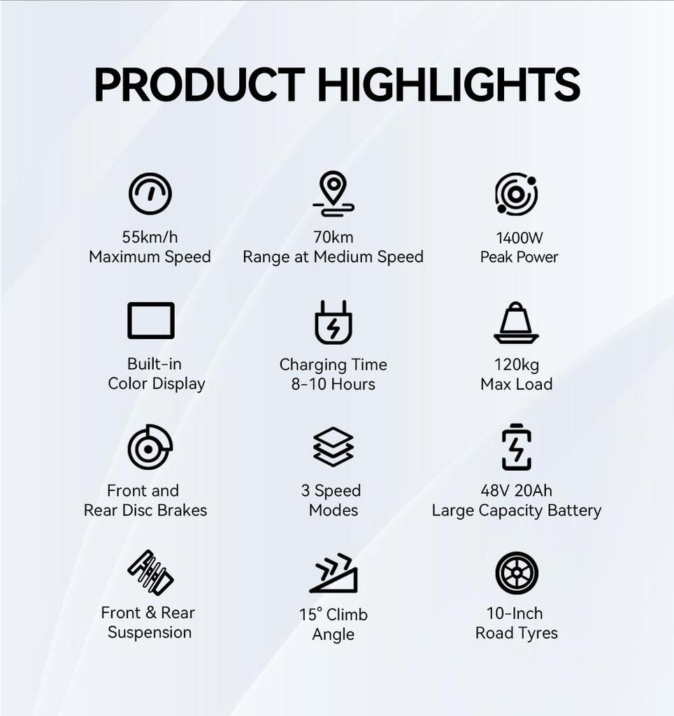 Elektroroller OOTD S10 1400W Motor Höchstgeschwindigkeit 55km/h City E-Scooter 48V 20AH 70 Reichweite Maximale Last 120kg Neu