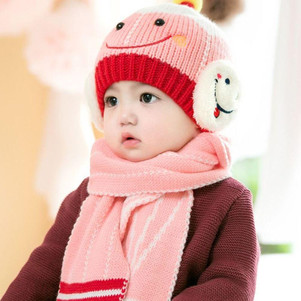 Cartoon Snowman Children Hat Scarf Set Ear Protection Warm Beanie Caps  Children Accessories