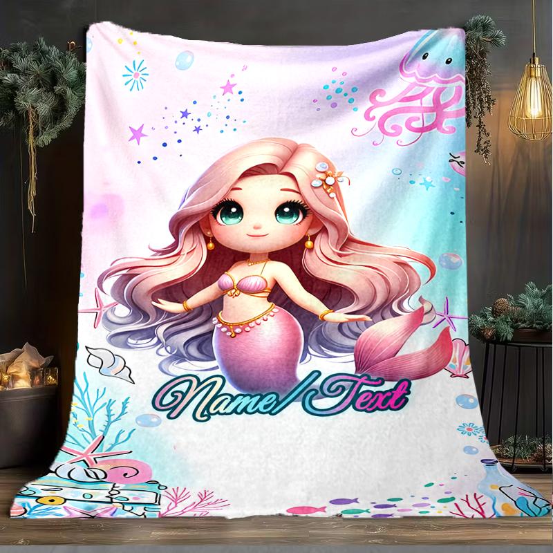 1PC Custom Name Mermaid Fantasy Underwater World outdooor Flannel blankets Throw Blanket All-Season Throw Gift Bedspread for Couch, Bed, Camping Holid