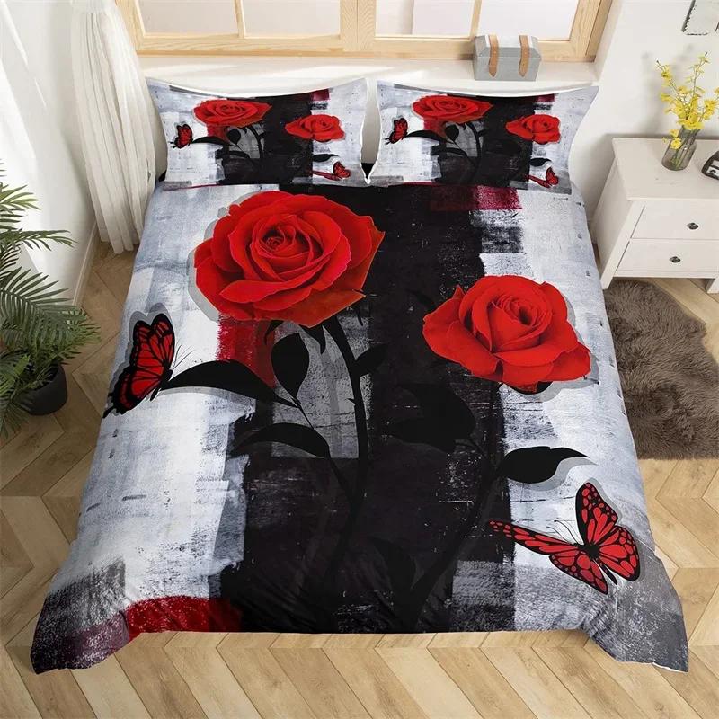 Rose Flower Duvet Cover Single King Oil Painting Butterfly Floral Bedding Set Microfiber Vintage Watercolor Artwork Quilt Cover