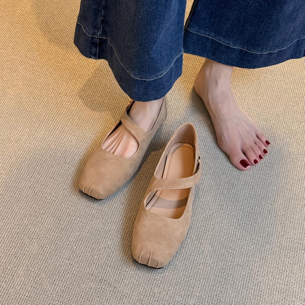 French Small Fragrant Style Square Head Pig Nose Shallow Mouth Flat Bottom Diagonal Word with Ballet Single Shoes Women's Autumn Mary Jane Shoes