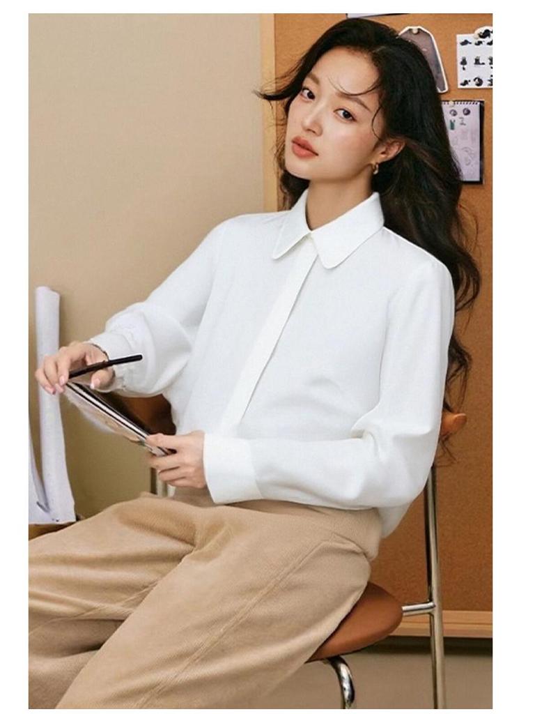 Women's White Professional Lapel Shirt, Early Spring 2026 - French Design, Long Sleeve, Niche Style
