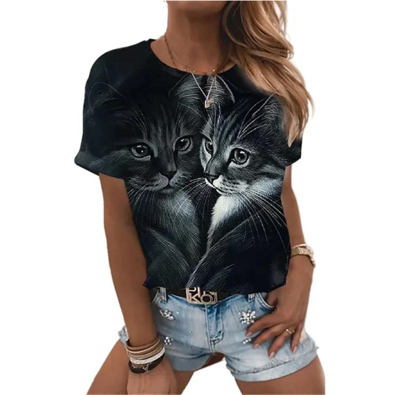 Fashion Women's T-shirts 3D Kawaii Cat Print Short-sleeved Personality Tops Casual Funny Tees Female Oversized Loose Clothing