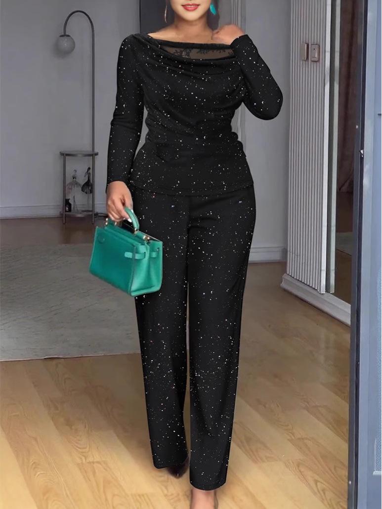 

Women s Elegant Lace Top & Wide-Leg Pants Set 2XL чёрный