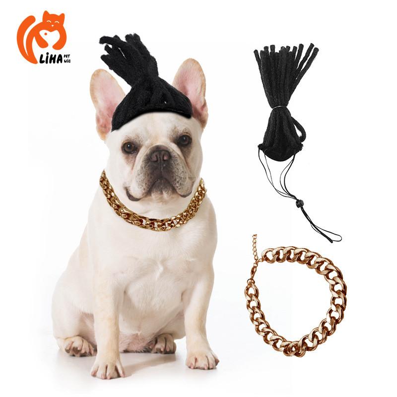 Pet Charming Gold Chain Necklace With Funky Dreadlock Wig For Halloween And Various Festive Celebrations