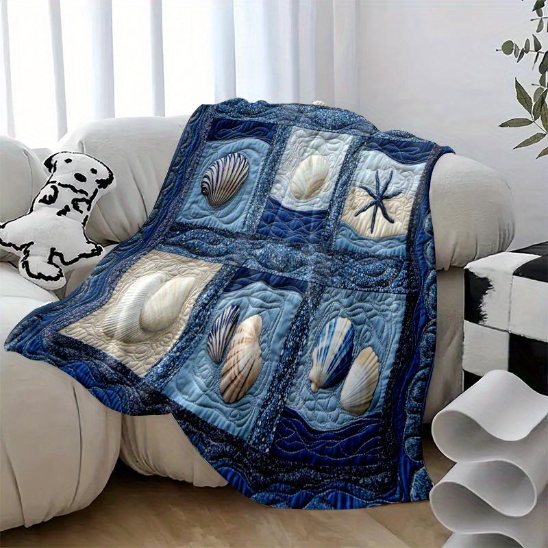 Vintage Nautical Blanket - Starfish & Seashell Patchwork Throw, Soft Polyester for Sofa/Bed, Coastal Decor Gift for Beach Lovers