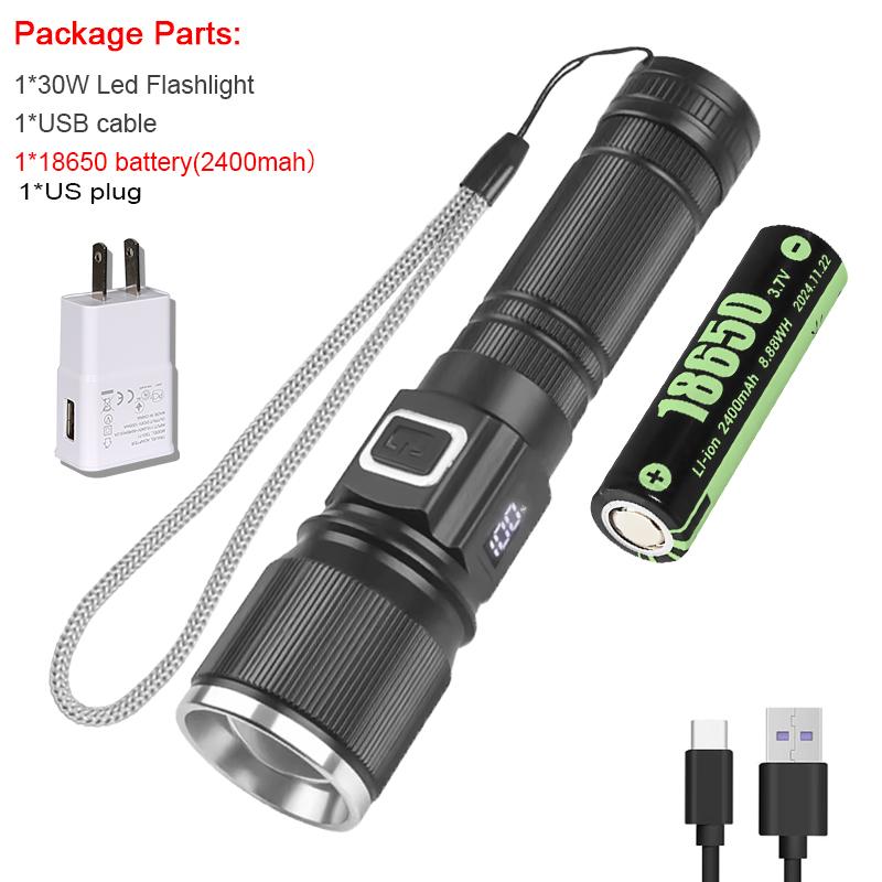 30W High-Power LED Tactical Flashlight with LCD Power Display Zoom Aluminum Alloy Rechargeable Emergency Torch Spotlight