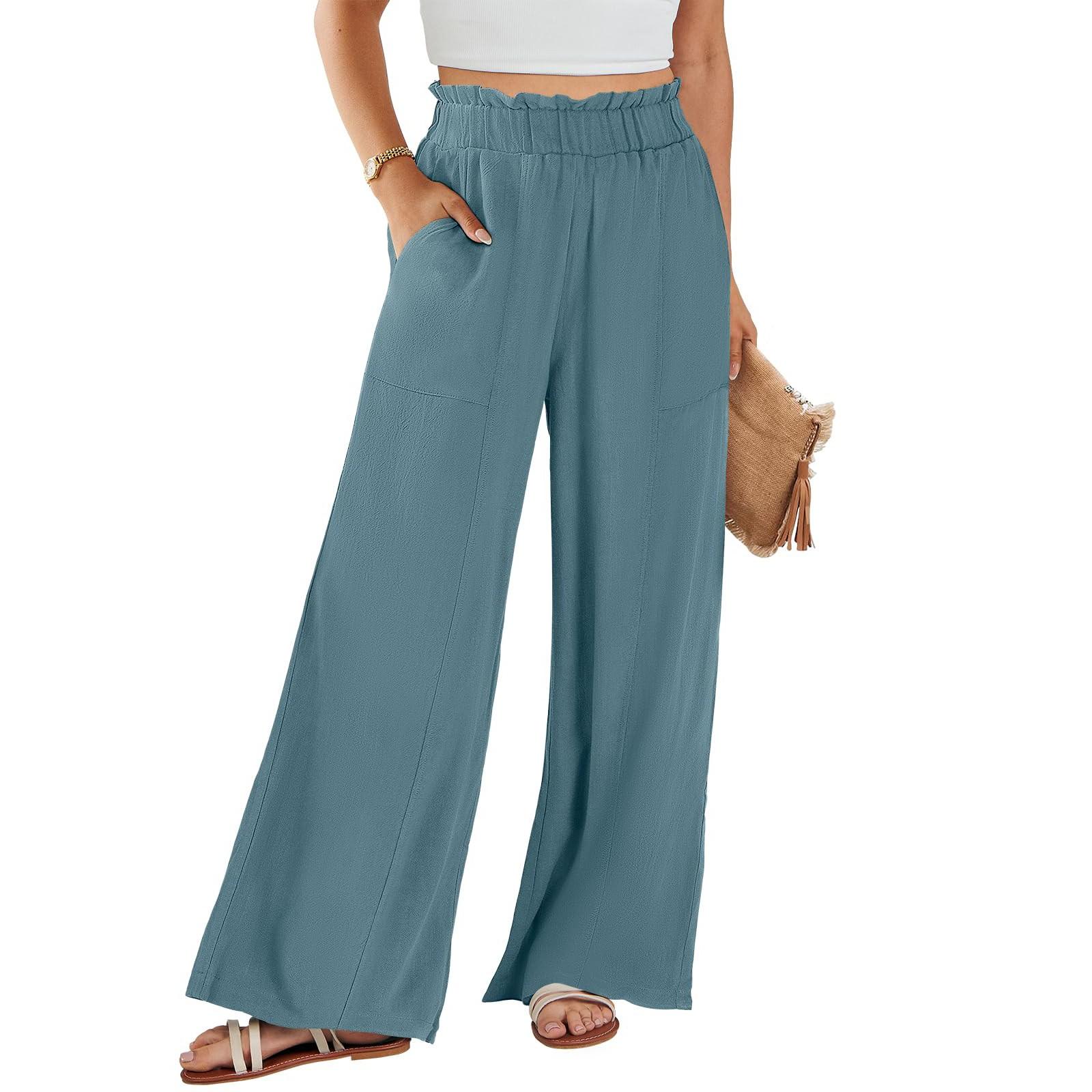 

Женские хлопковые льняные брюки, летние широкие повседневные свободные брюки-палаццо с высокой талией и шнурком, брюки с карманами S синий