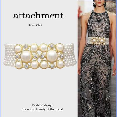 "Elegante cinturón de perlas y diamantes de imitación: Cadena ancha y versátil para la cintura, ideal para abrigos de alta gama.