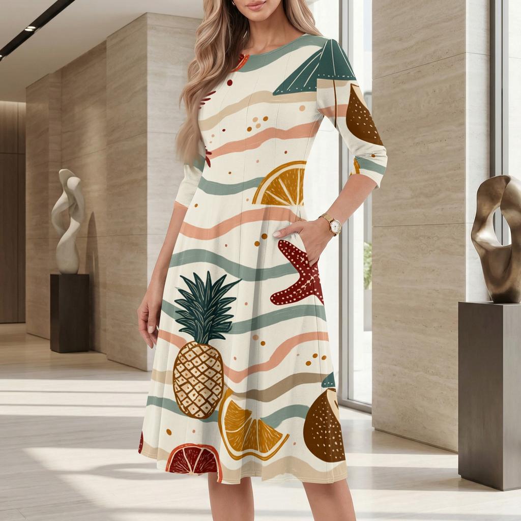 Women Casual Crew Neck Hawaiian Print Midi Dress Relaxed Fit Three Quarter Sleeve Soft Fabric Summer Dress for Daily Wear